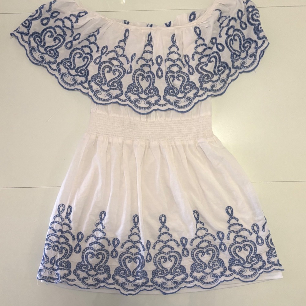 J for Justify Cotton Dress Womens M White Lined Blue Boho  Embroidered Smocked